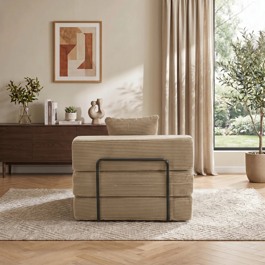 1-Sitzer-Sofa aus hellgrauem Cord, komprimiert, sichtbare Umrandung, Kissen