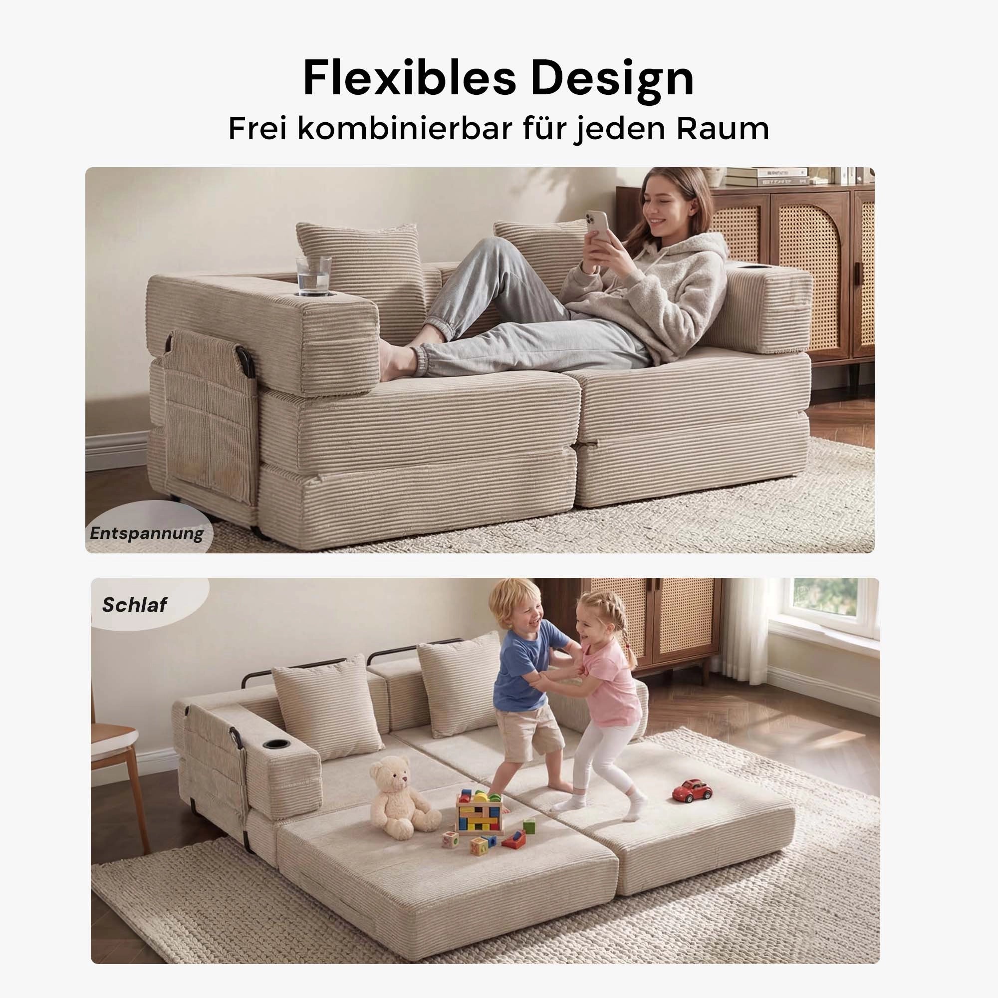 Modulares Sofa, hellbeiger Cord, mit zwei Arm- und drei Rückenkissen.
