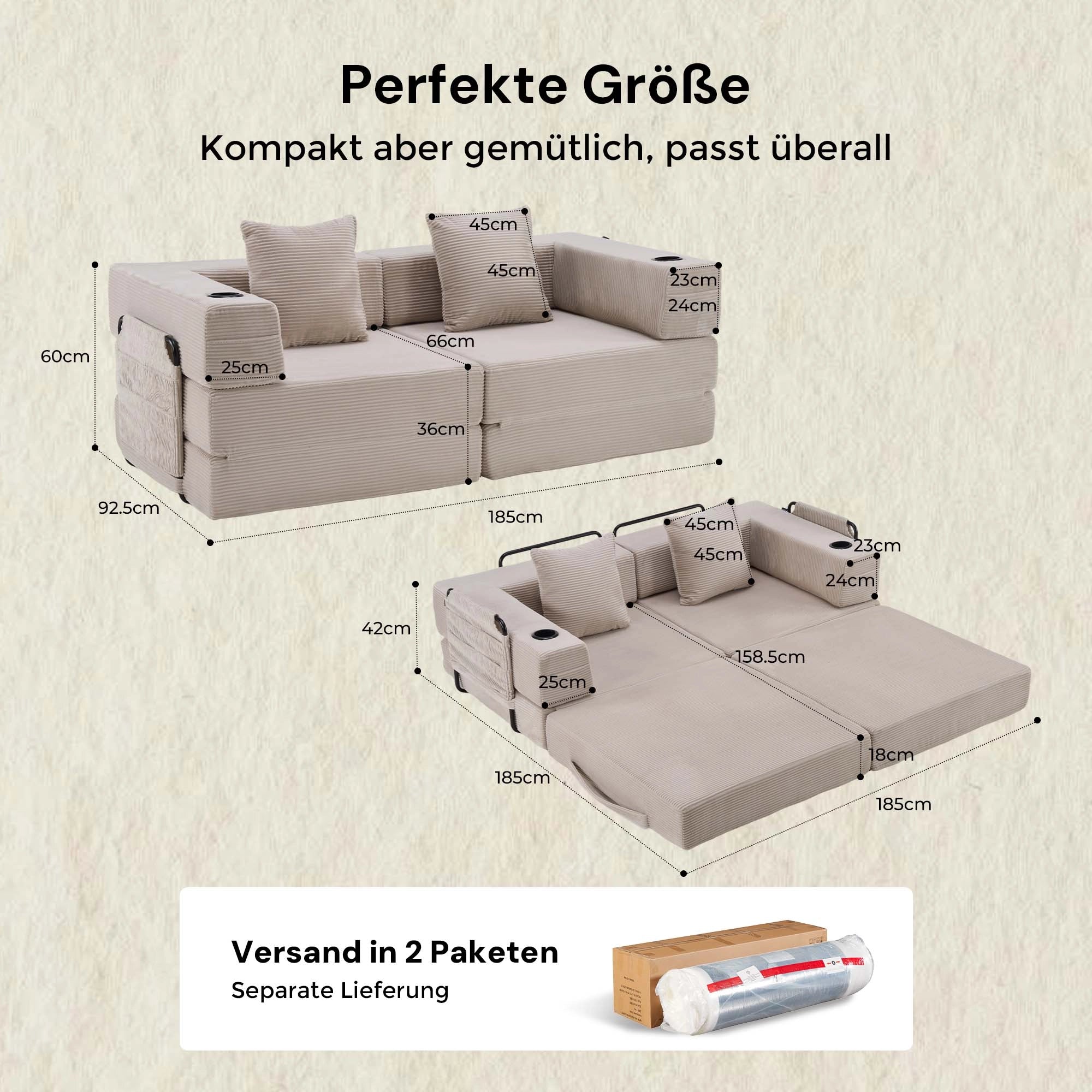 Kompakt modulares Sofa aus hellbeigem Cord mit Eck- und Sitzflächenelement.