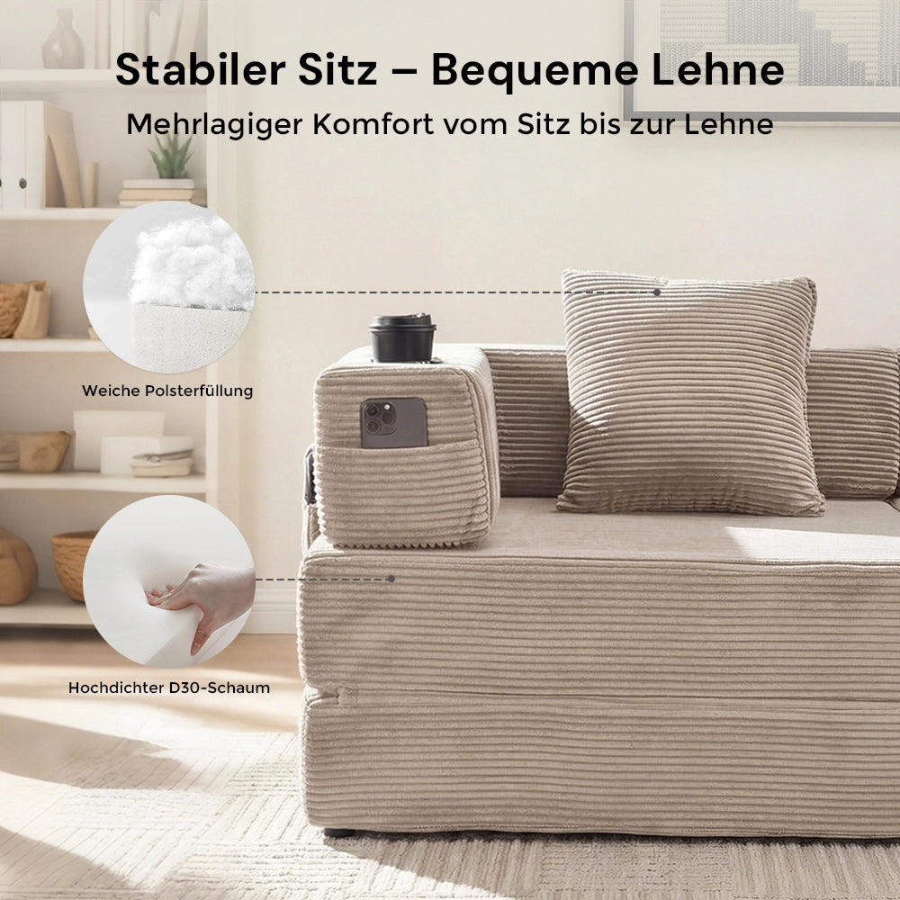 Beiges Cordsofa mit komfortabler Rückenlehne und stabilen, gepolsterten Seiten