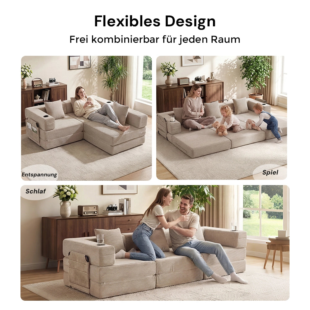 2-Sitzer-Modularsofa, flexibles L-Design mit mehreren Sitz- und Rückenkissen