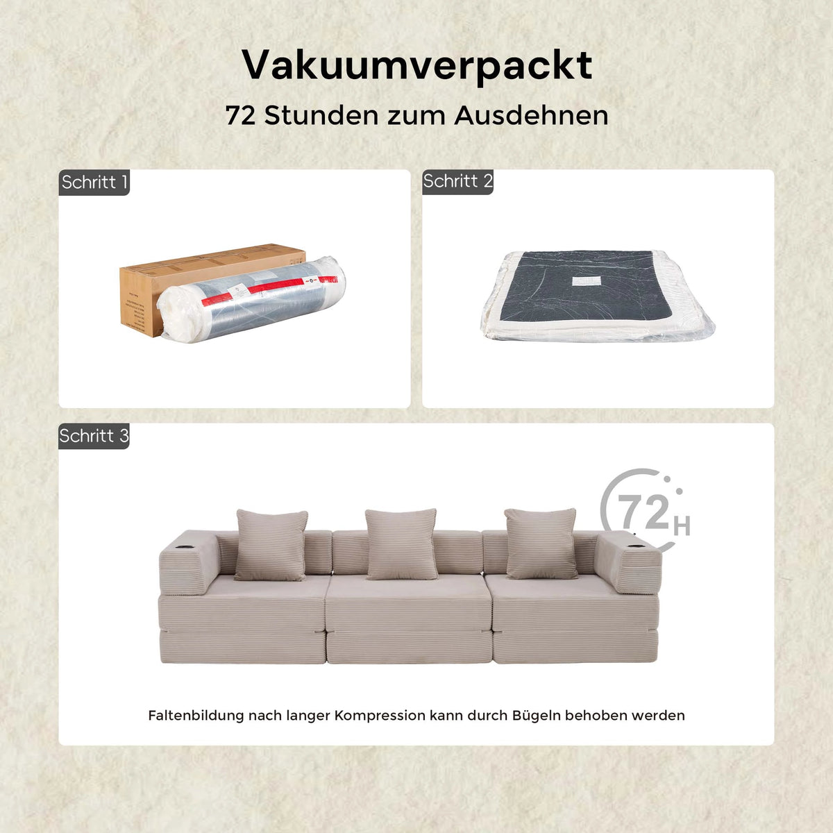 2-Sitzer-Modularsofa, vakuumverpackt und komprimiert, zum Auspacken