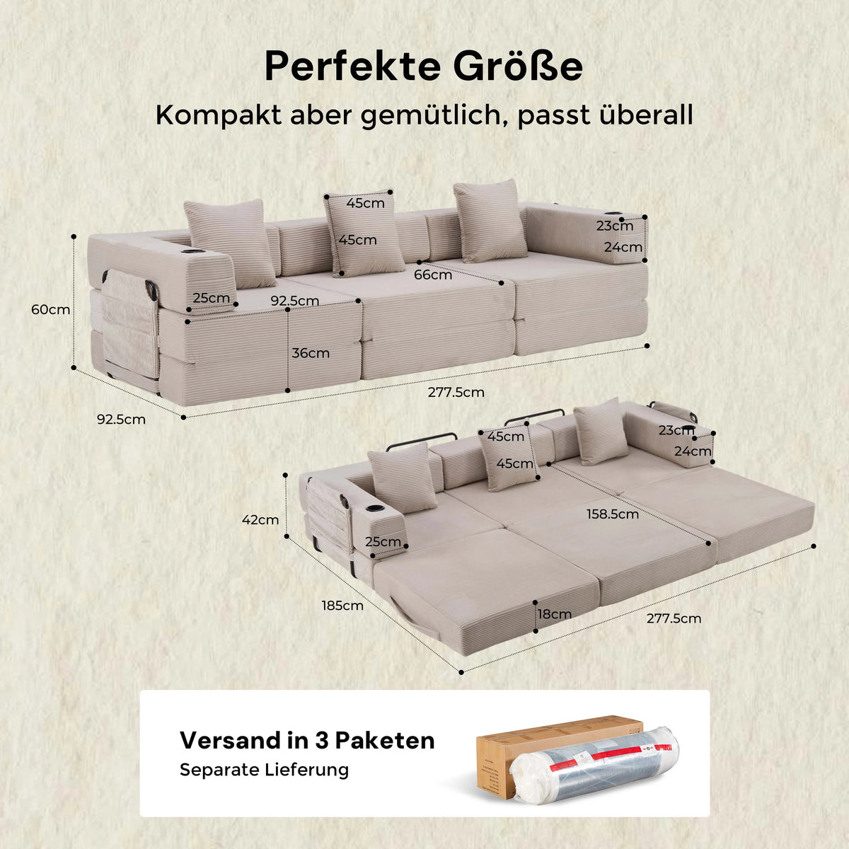 2-Sitzer-Modularsofa, Maßskizze, kompaktes Modul mit gepolsterter Lehne