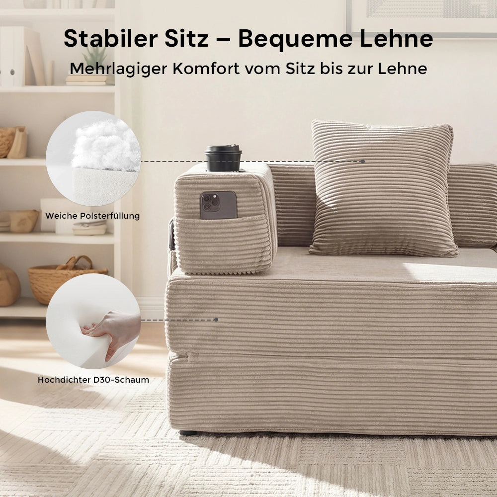 2-Sitzer-Modularsofa, beiges Corddesign mit gepolsterter Sitzfläche und hoher Lehne