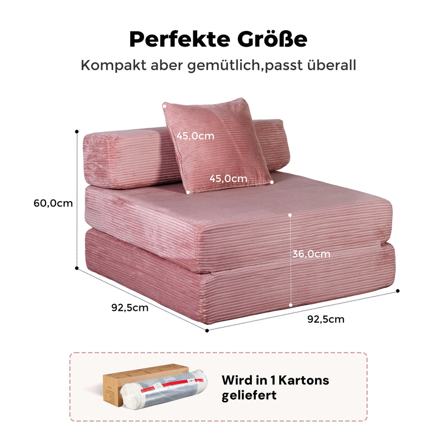 1-Sitzer-Cordsofa in Rosa, Maße ca. 92,5×60×45 cm (L×H×B).