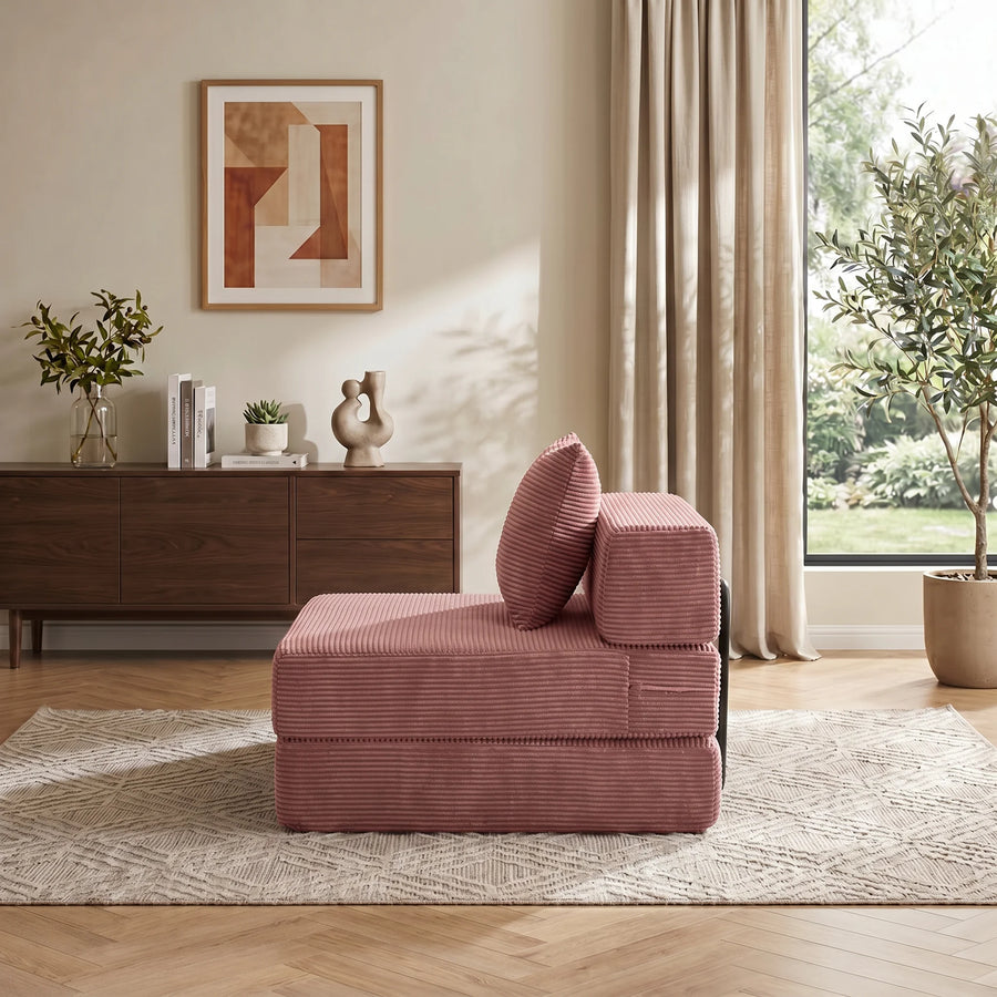 1-Sitzer-Sofa aus rosafarbenem Cord, komprimiert, mit Armlehnen und Kissen