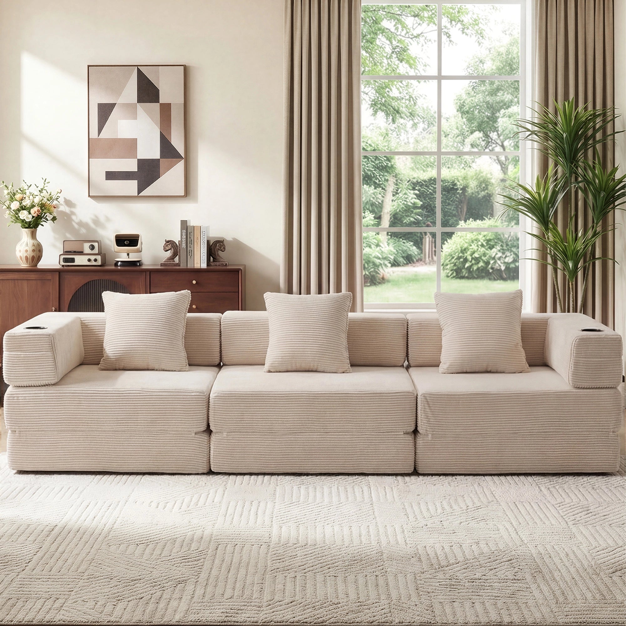 2-Sitzer-Modularsofa aus Cord, hellgrau, längliche Sitzfläche mit Rückenkissen