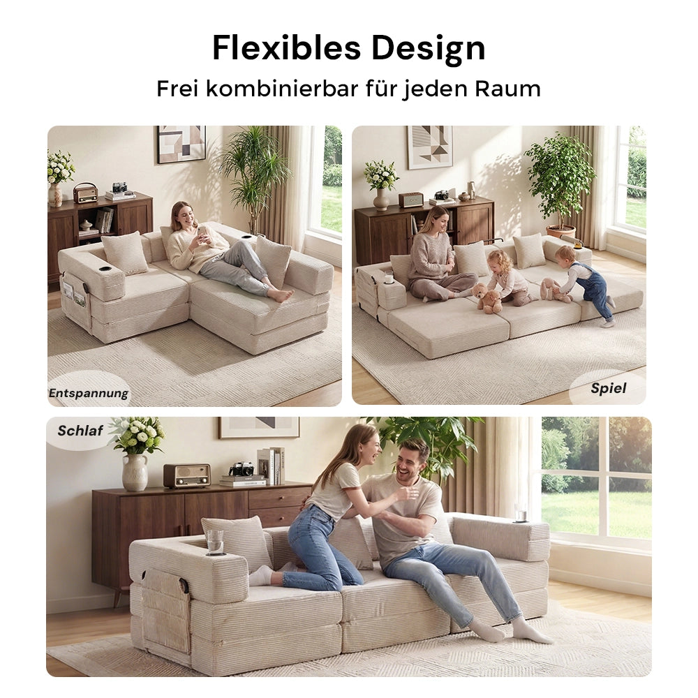 Dunkelgraues, modular kombinierbares Sofa mit Armlehnen und losen Kissen.