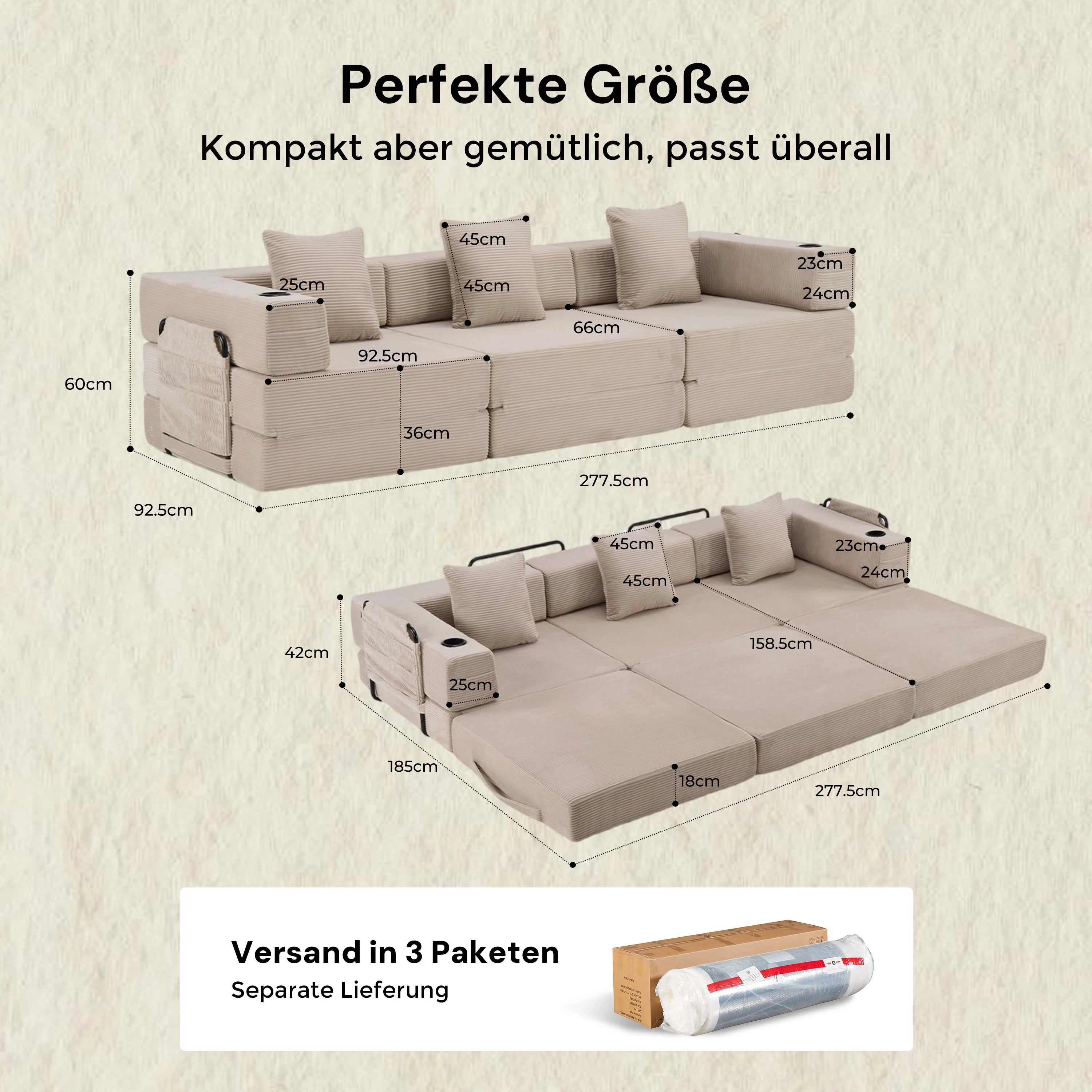 Beiges 2-Sitzer-Modulsofa, Maßzeichnung für kompakte und offene Sitzanordnung.