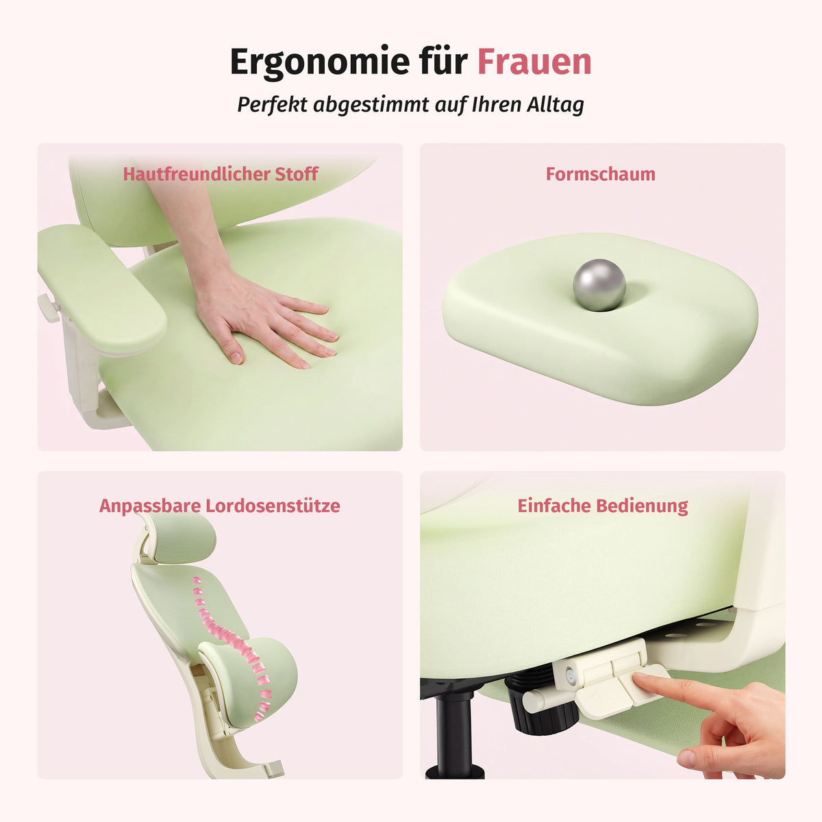 Ergonomischer Bürostuhl in Pastellgrün: weicher Stoff, Lordosenstütze und Bedienhebel