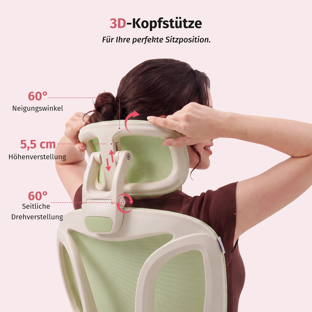 3D-Kopfstütze am ergonomischen Bürostuhl, gepolstert in Pastellgrün
