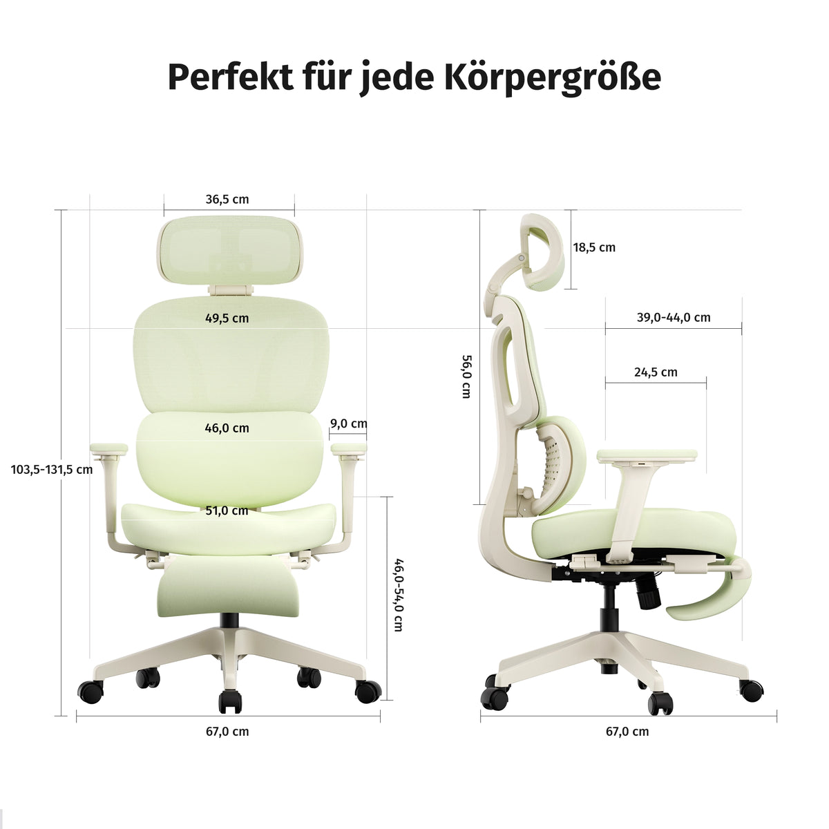 Ergonomischer Bürostuhl in Pastellgrün mit gepolsterter Kopfstütze und Rollen
