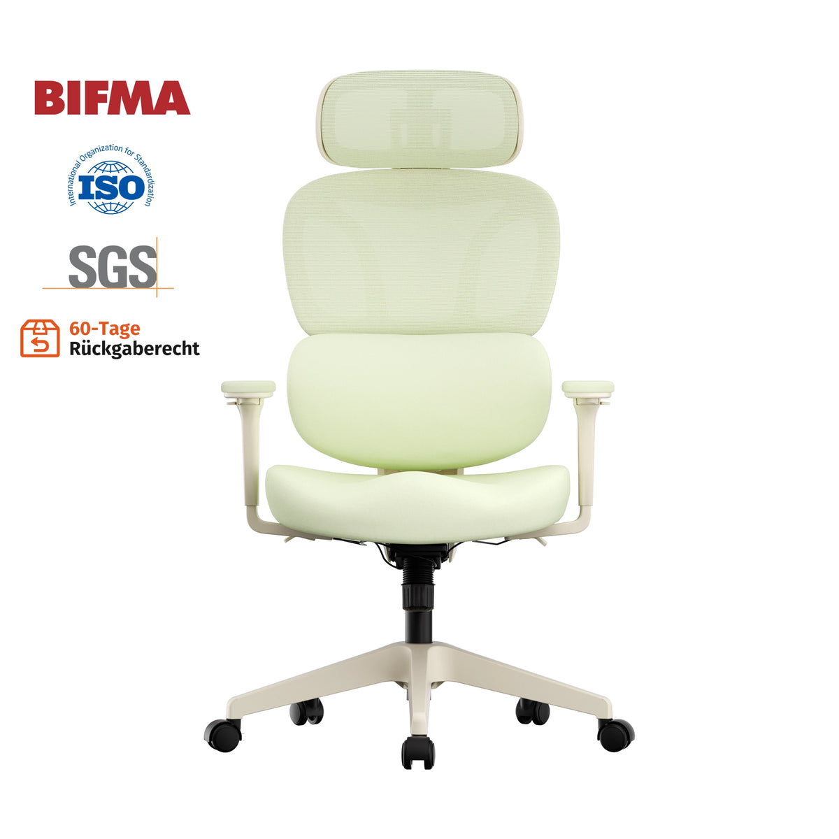 Ergonomischer Bürostuhl, gepolstert in Pastellgrün, mit Kopfstütze, Armlehnen und Fußstütze