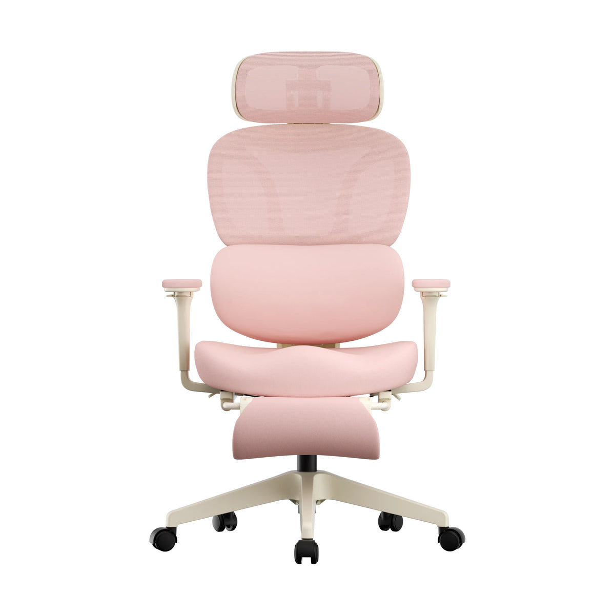 Bürostuhl mit gepolstertem rosa Sitz und hoher Rückenlehne, mit Rollenfuß