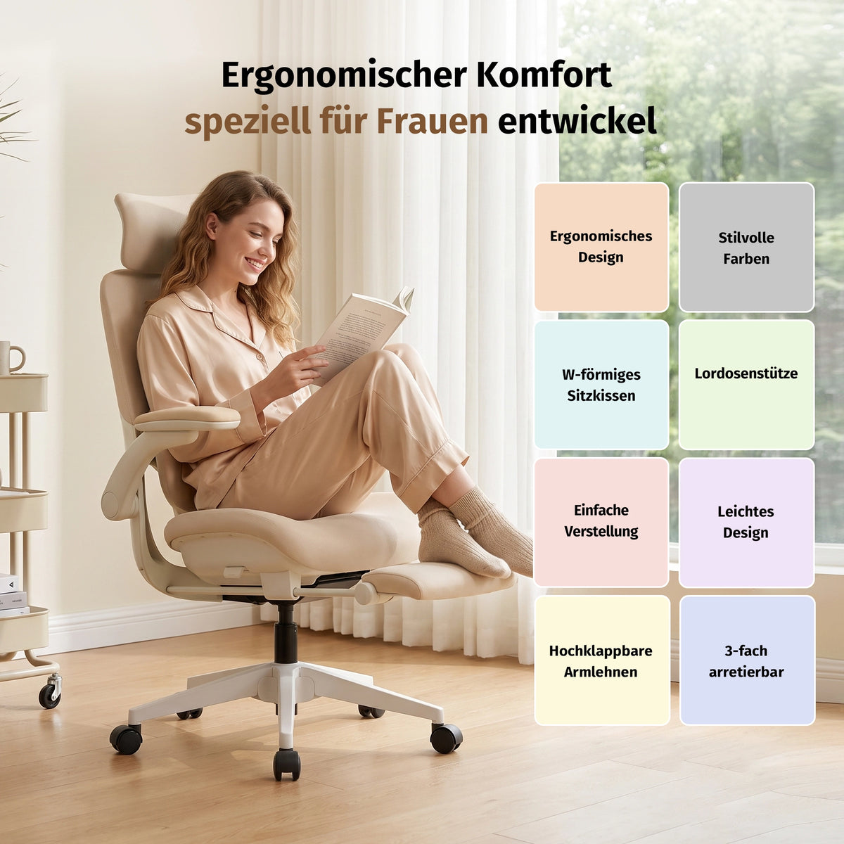Ergonomischer Bürostuhl mit hoher Rückenlehne, Kopfstütze und hochklappbaren Armlehnen