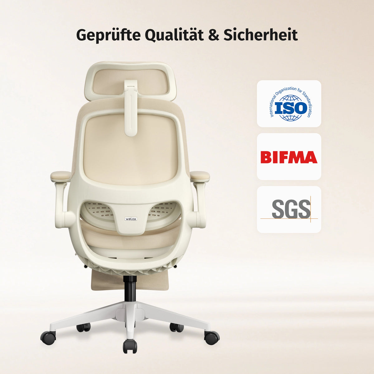 Ergonomischer Bürostuhl in Creme mit gepolsterter Rückenlehne, Rollen und Sicherungskontrolle