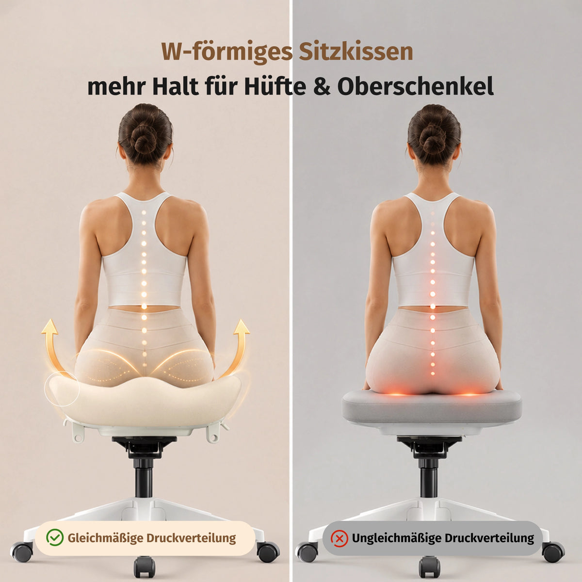Ergonomischer Bürostuhl mit hell gepolstertem Sitz und Stütze für Hüfte und Oberschenkel