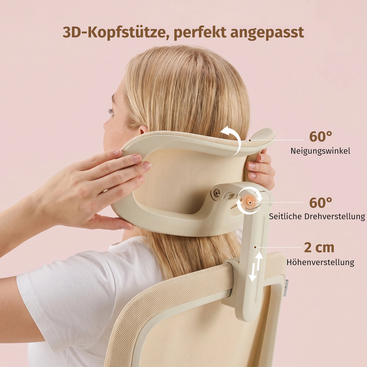 3D-verstellbare Kopfstütze am ergonomischen Bürostuhl in hellbeiger Polsterung