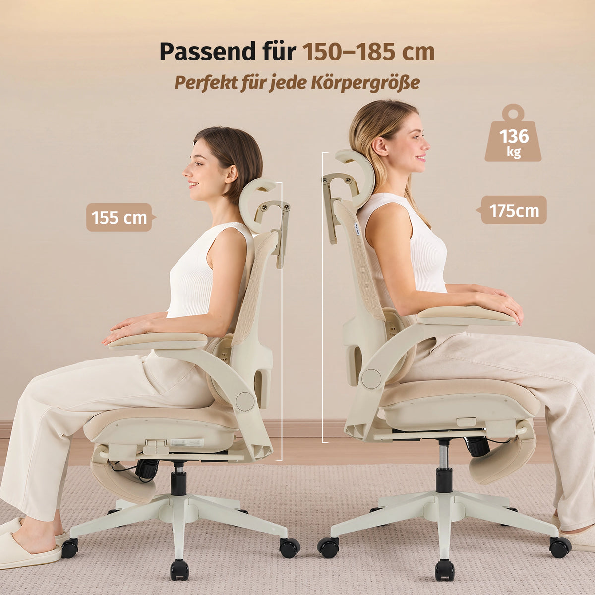 Ergonomischer Bürostuhl mit verstellbarer Rückenlehne und Sitzposition für 150–185 cm