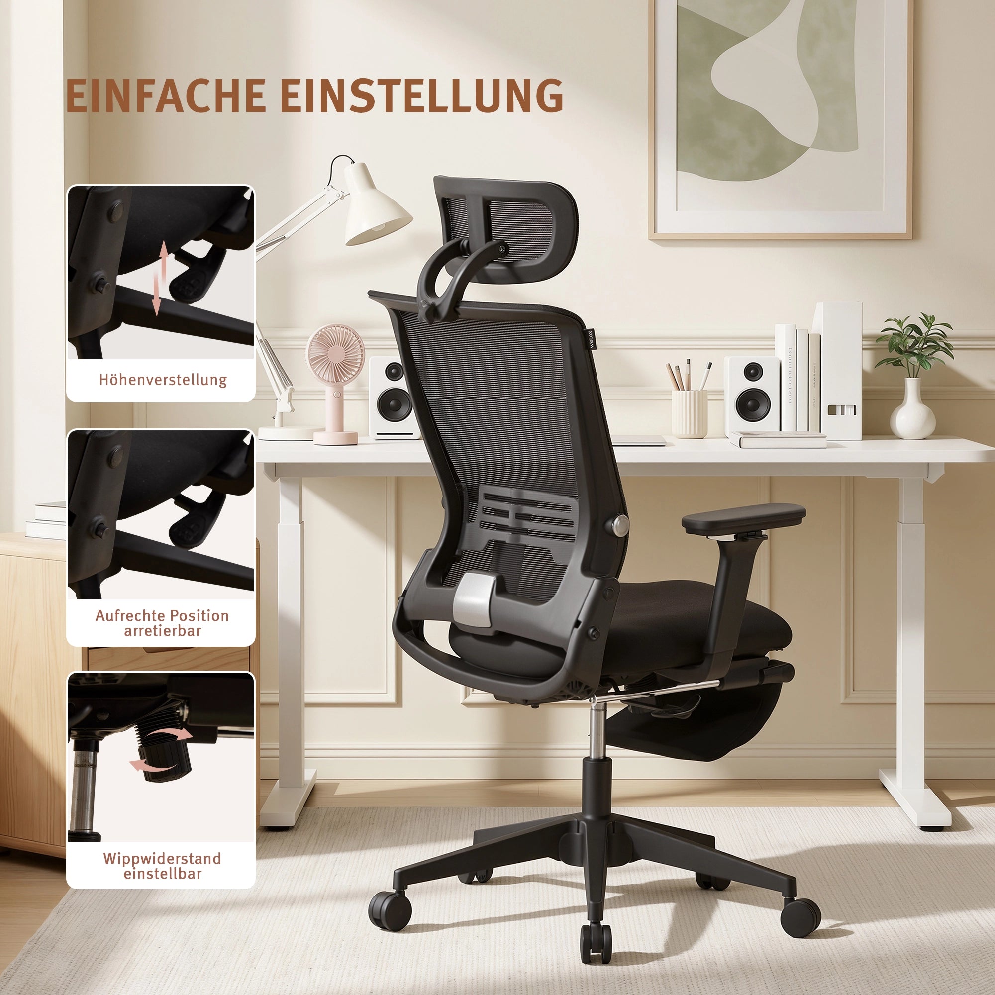Ergonomischer Bürostuhl mit klappbarer Rückenlehne, schwarzes Mesh und schwarzes Gestell