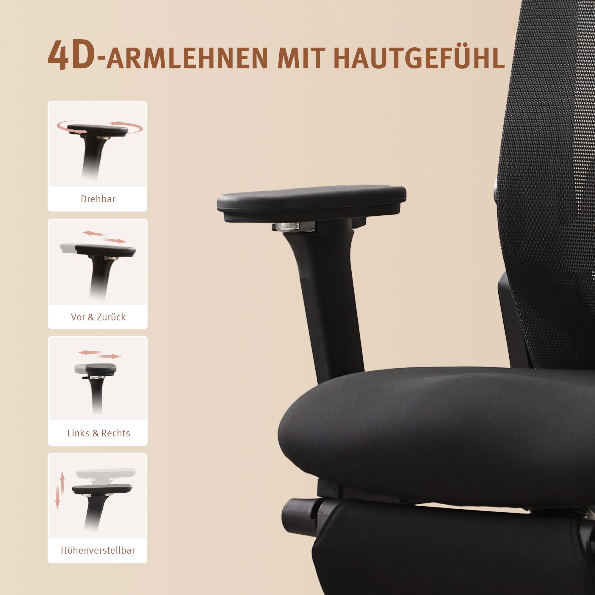 Ergonomischer Bürostuhl, schwarze 4D-Armlehnen und schwarzes Sitz-/Rückenpolster