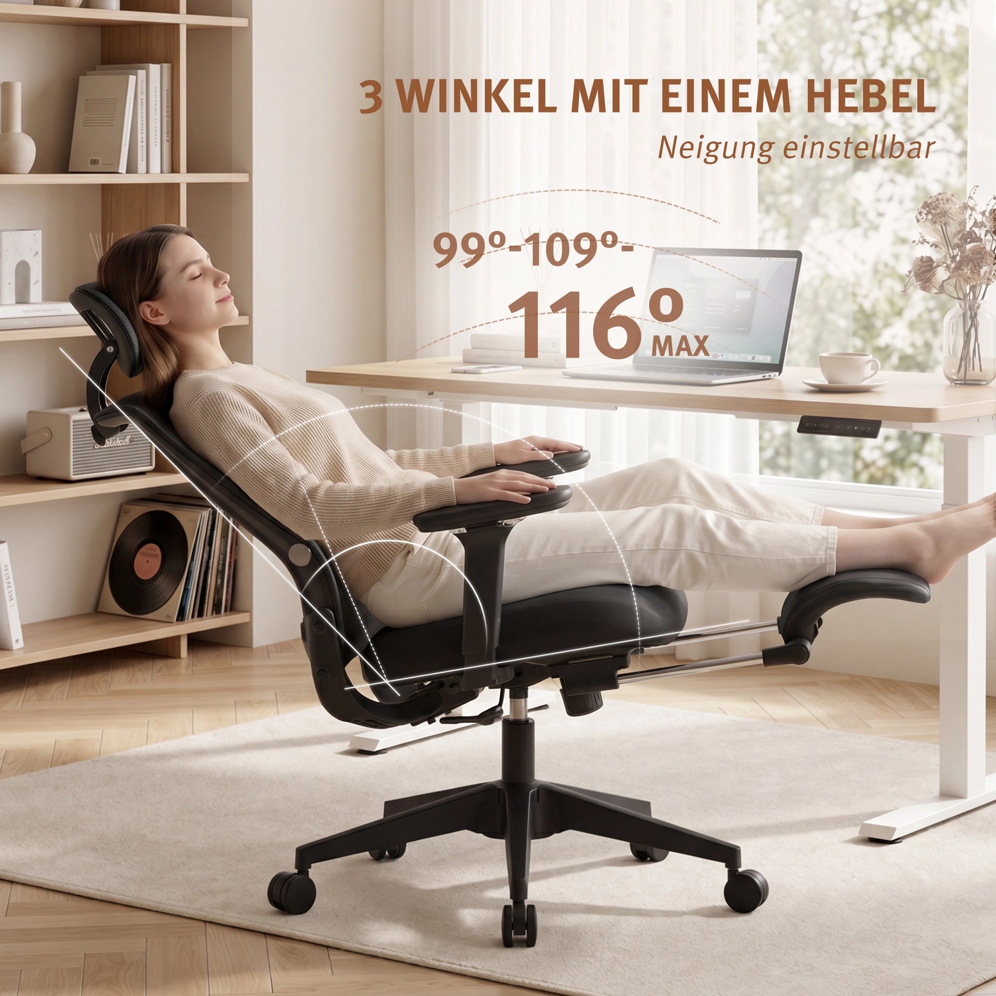 Ergonomischer Bürostuhl mit verstellbarer Neigung, schwarzes Mesh und Sitzfläche