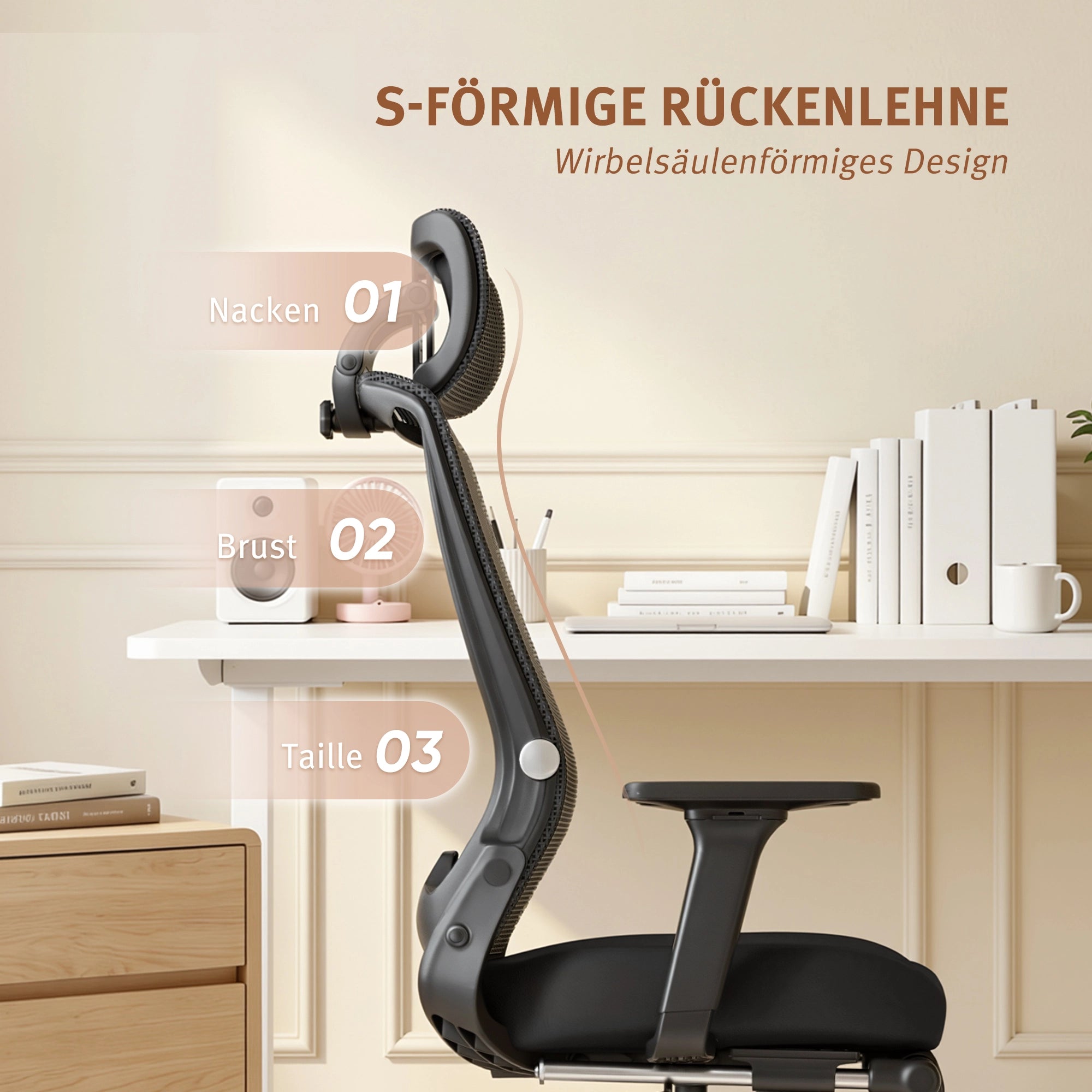 Ergonomischer Bürostuhl mit S-förmiger Rückenlehne, schwarzer Mesh-Rücken und Sitz