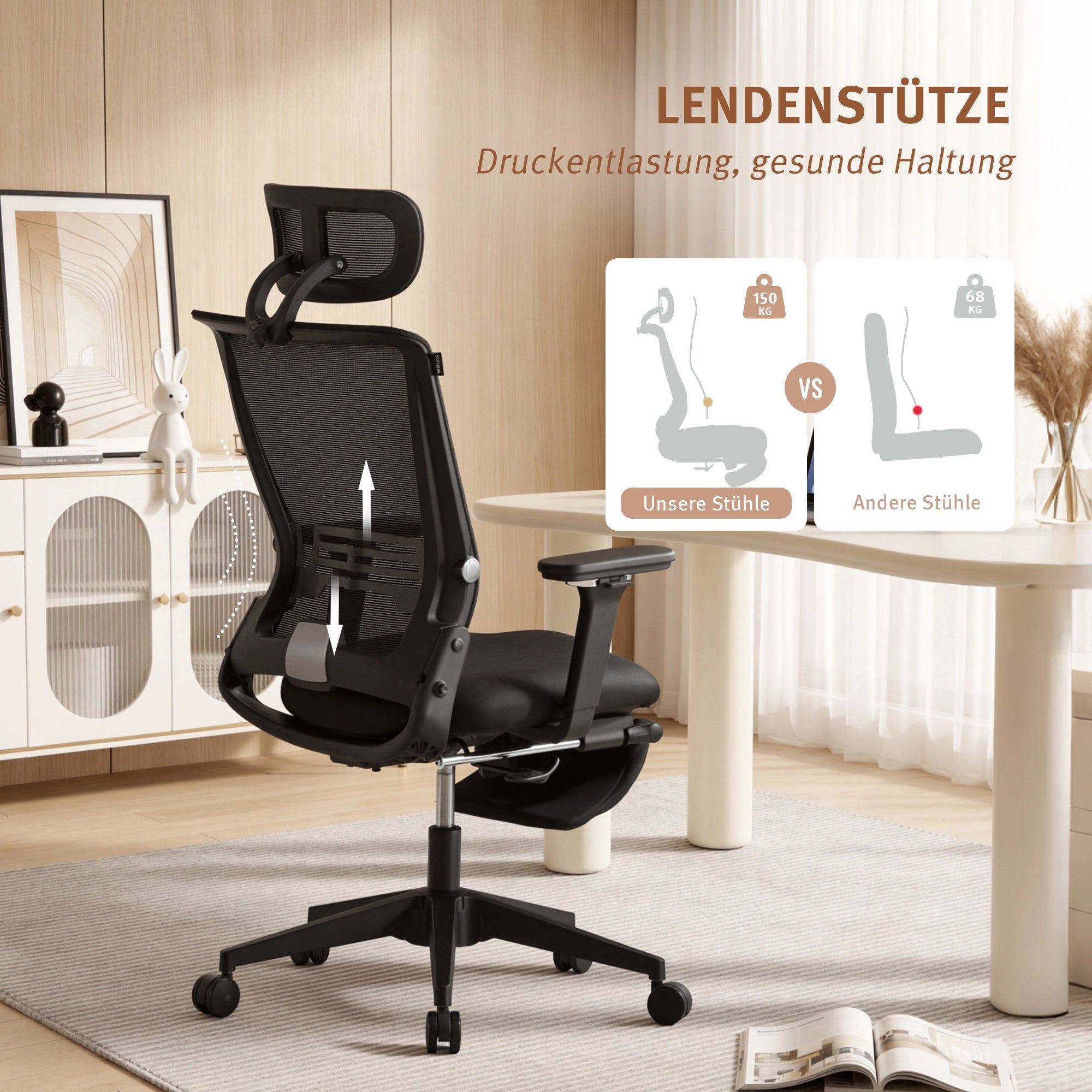 Ergonomischer Bürostuhl mit Lordosenstütze, schwarzer Rücken und Sitz