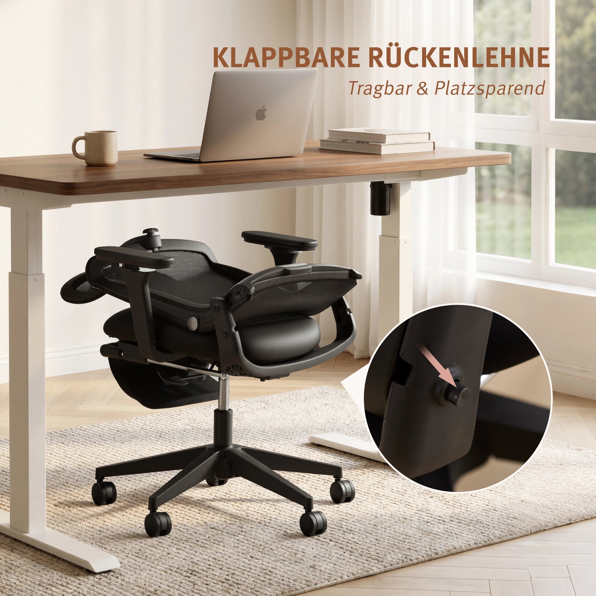 Ergonomischer Bürostuhl mit klappbarer Rückenlehne, schwarzer Bezug und schwarzes Gestell
