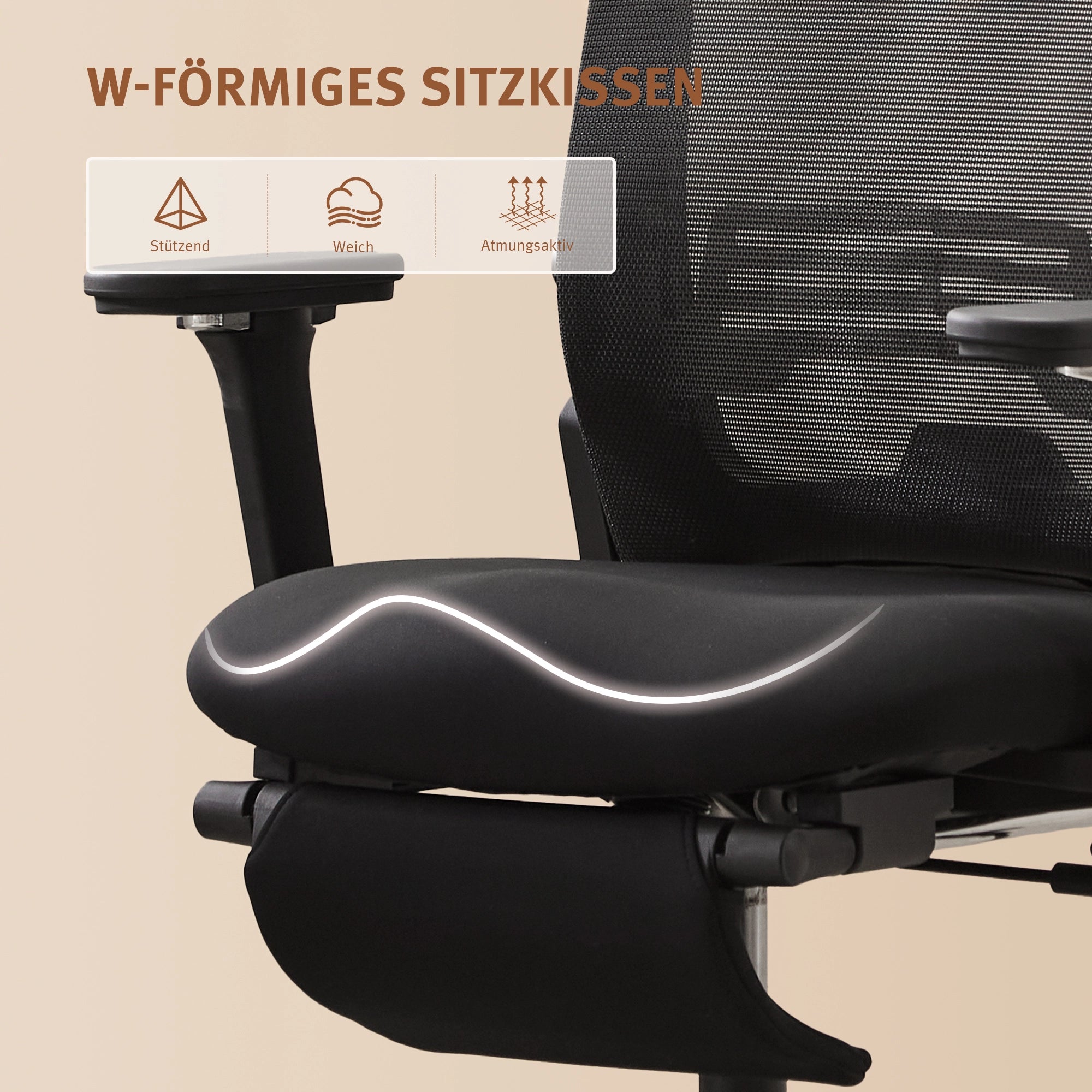 Schwarzer ergonomischer Bürostuhl mit W-förmiger Sitzfläche und seitlicher Armlehne.