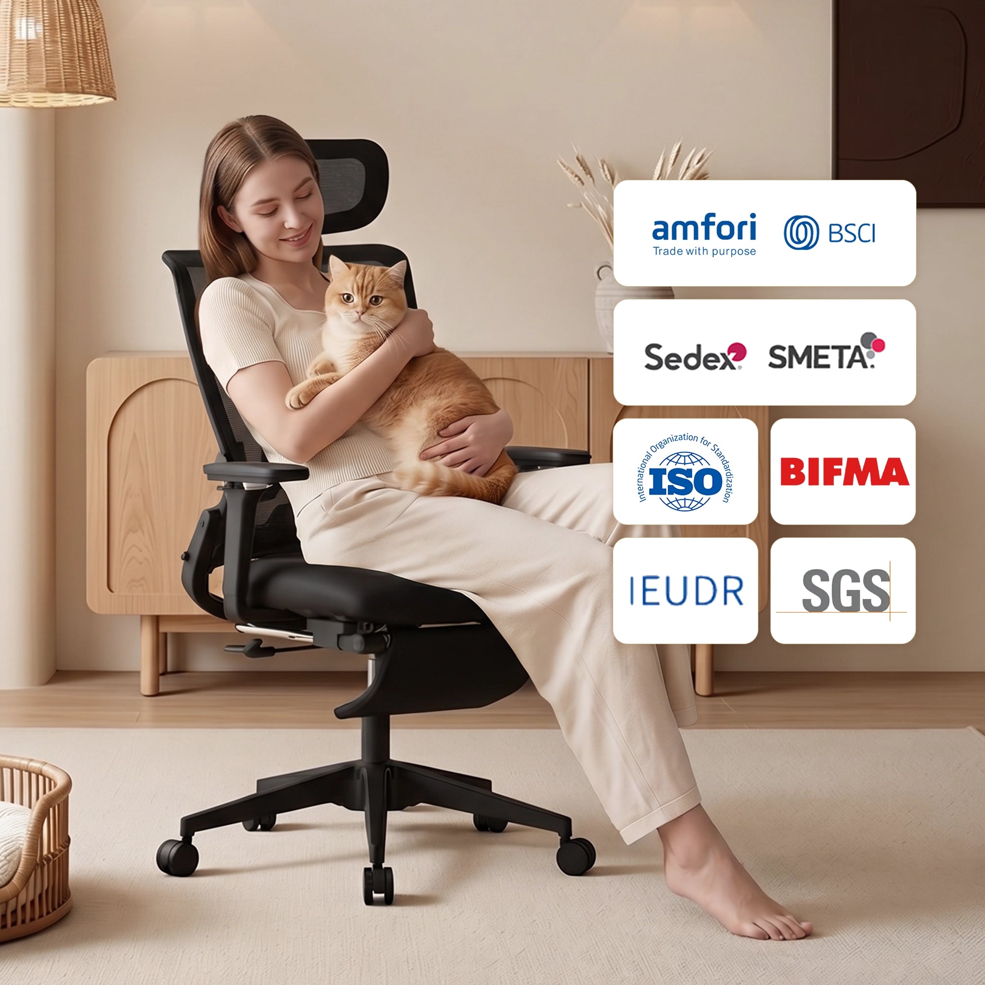 Ergonomischer Bürostuhl mit klappbarer Rückenlehne, schwarzes Mesh und schwarzes Gestell