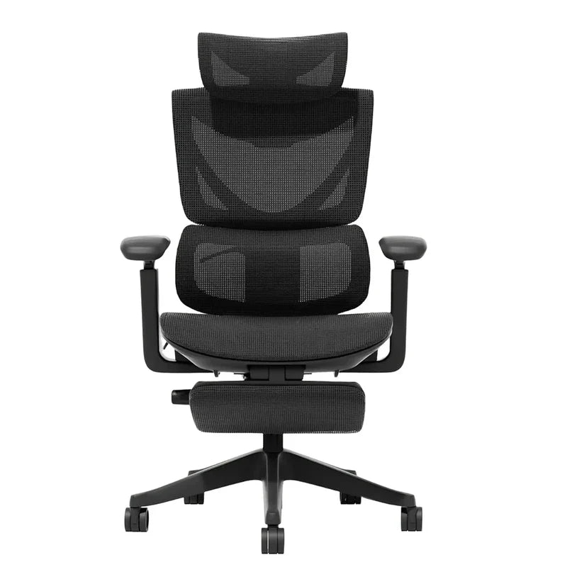 Ergonomischer Bürostuhl in Schwarz mit Kopfstütze, Netzrücken, gepolstertem Sitz und Fußstütze