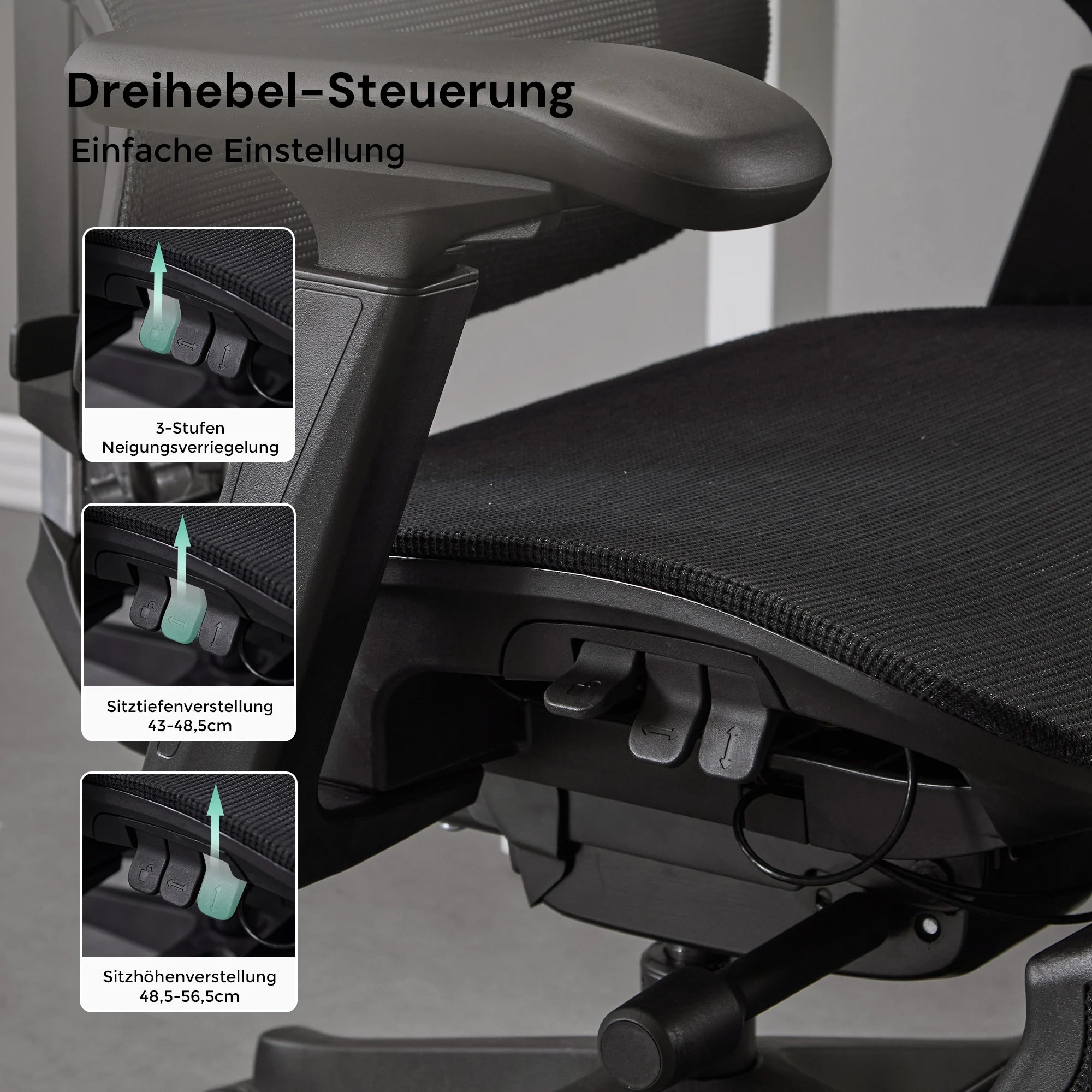 Ergonomischer Bürostuhl: schwarze Sitzunterseite mit Drehhebel zur Neigungs- und Sitzeinstellung