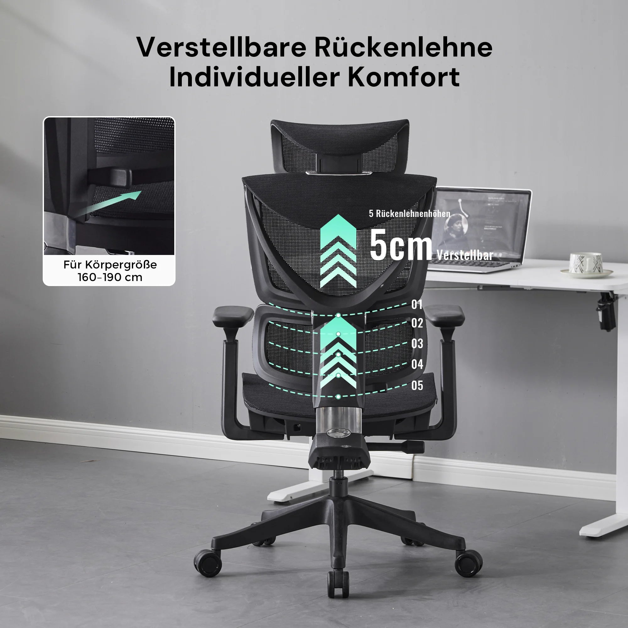 Ergonomischer Bürostuhl: schwarzer Netzrücken mit höhenverstellbarer Stütze, Rollenbasis