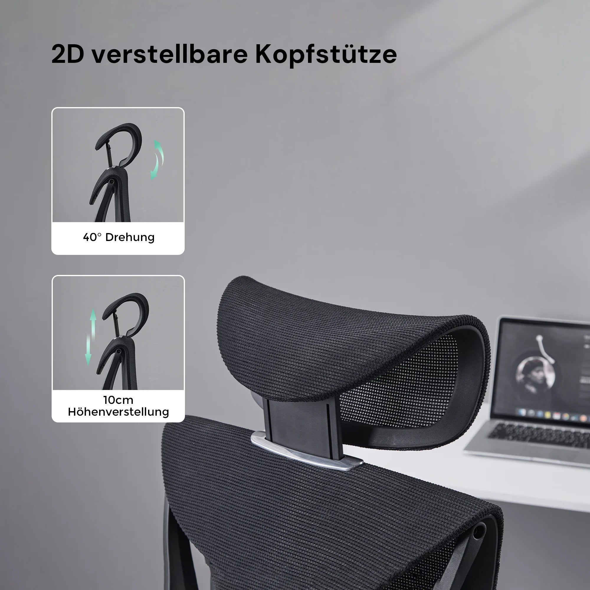 Ergonomischer Bürostuhl: dunkelgraue Kopfstütze, 2D verstellbar, schwarzer Netzsitz