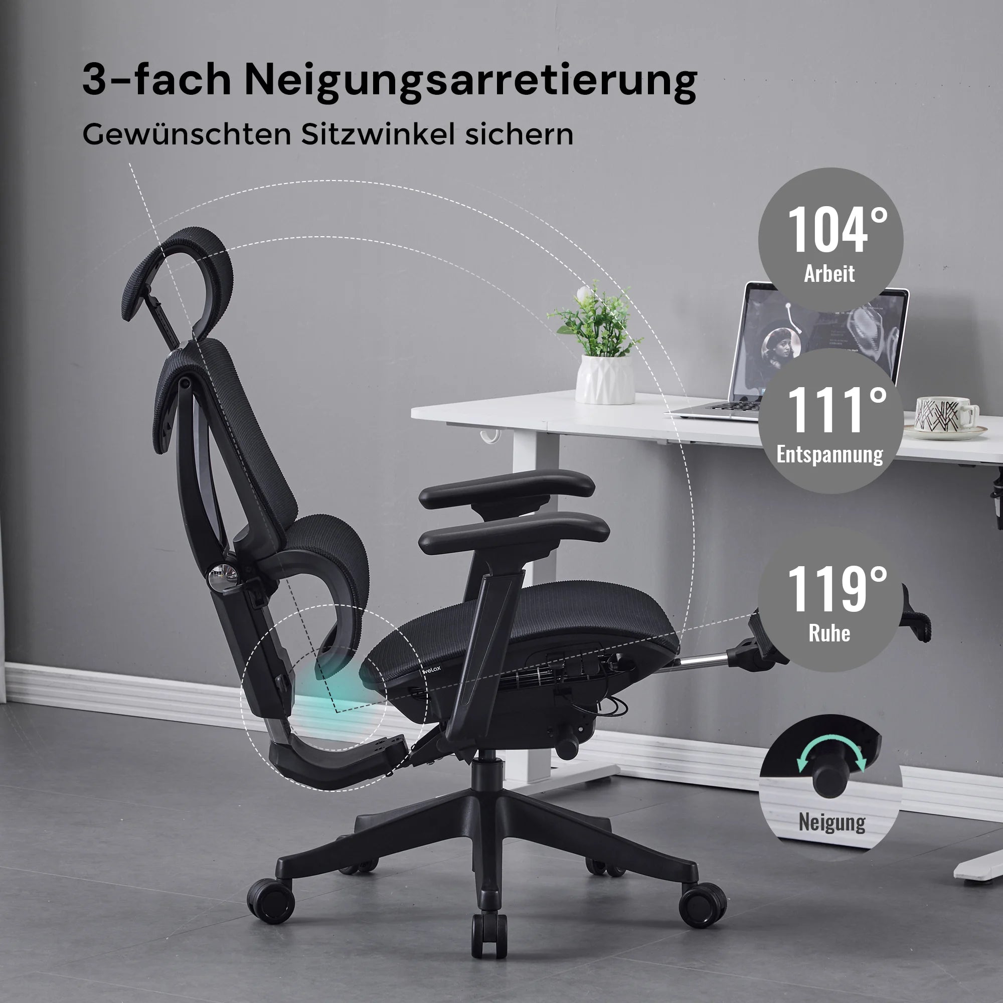 Ergonomischer Bürostuhl: schwarzer Netzrücken, gepolsterter Sitz, drehbare Rollenbasis