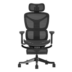 Schwarzer ergonomischer Bürostuhl mit Kopfstütze, Armlehnen, gepolstertem Sitz und Fußstütze