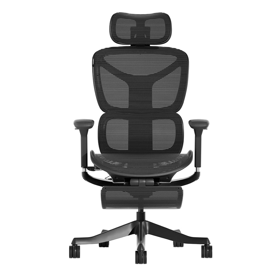 Schwarzer ergonomischer Bürostuhl mit Kopfstütze, Armlehnen, gepolstertem Sitz und Fußstütze
