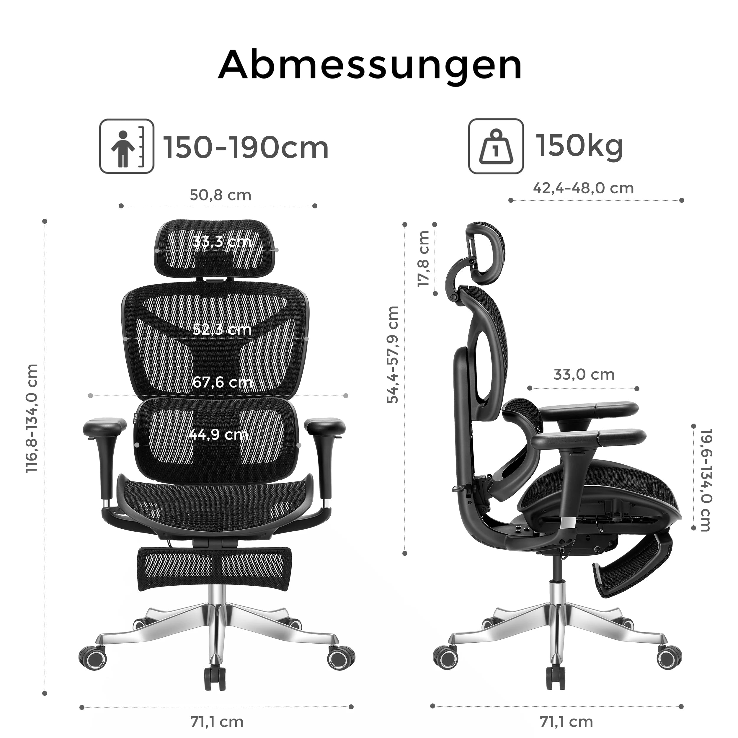 Schwarzer Bürostuhl mit Armlehnen, Kopfstütze, Mesh-Sitz und Fußkreuz
