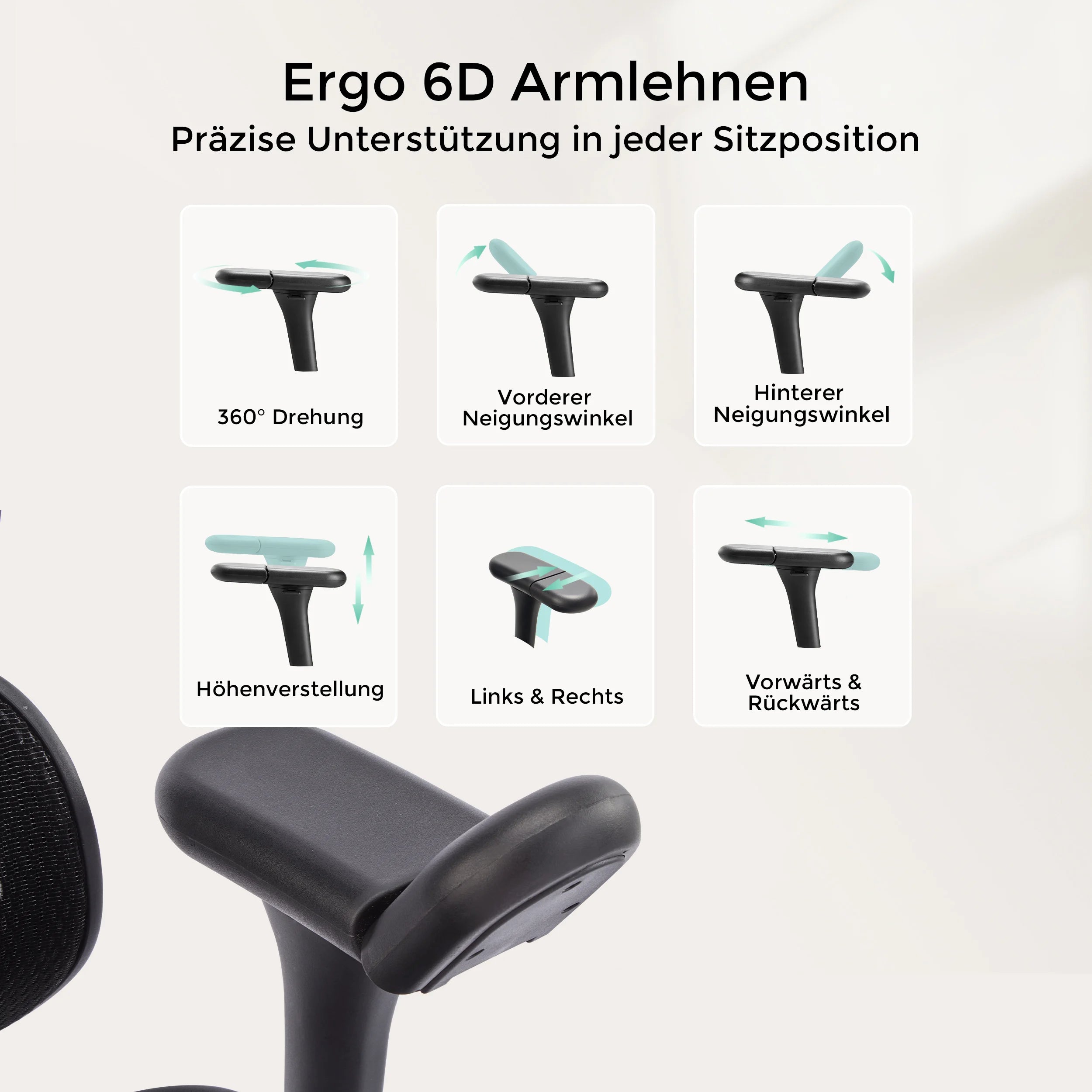Schwarze 6D-Armelehnen am Bürostuhl mit mehreren Neigungs- und Höhenoptionen