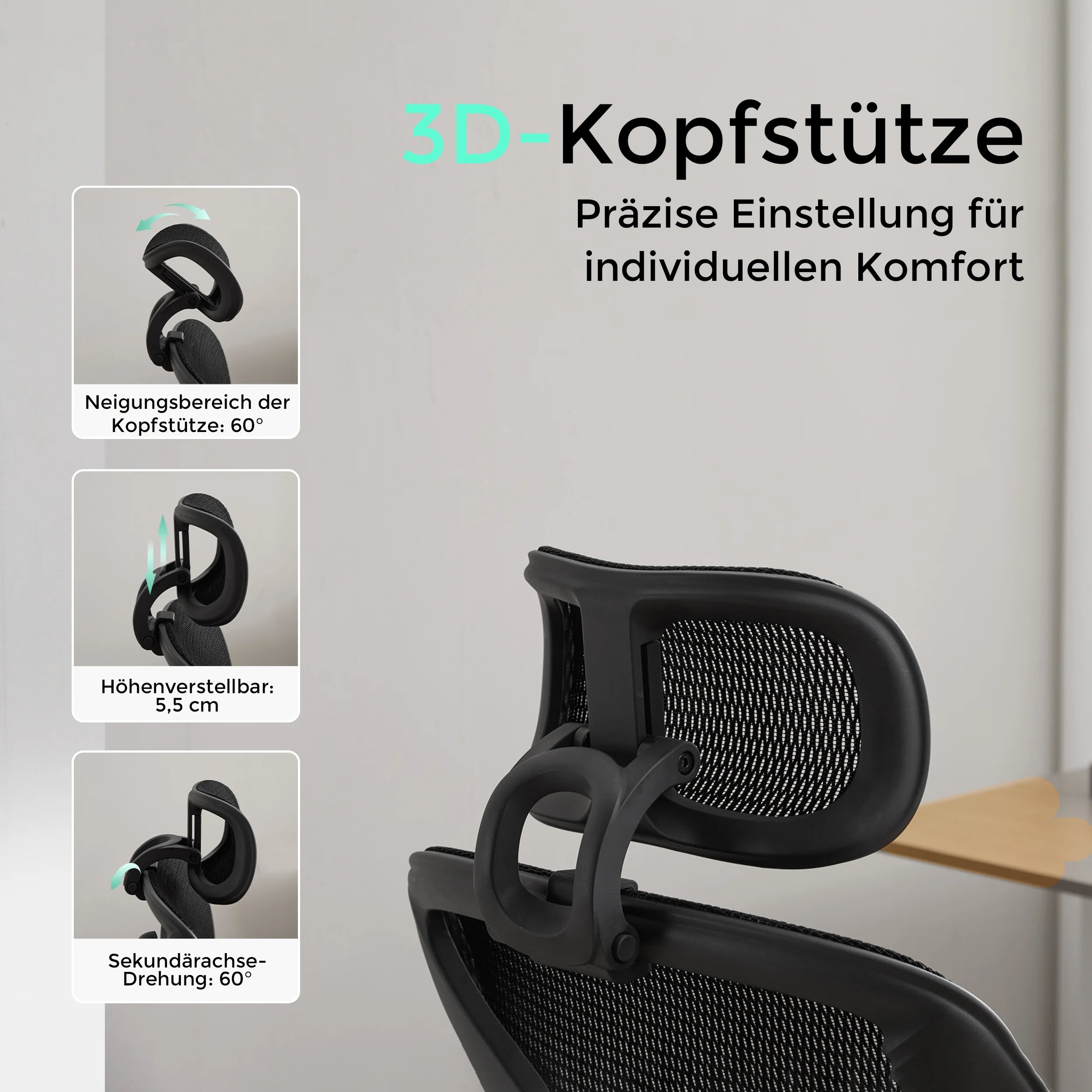 Schwarzer 3D-Kopfstütze am Bürostuhl mit Mesh-Rückenlehne